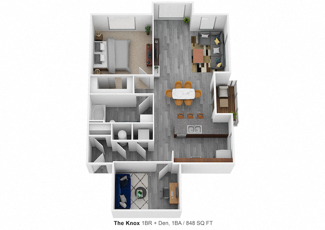 Floor plan for 1 bed, 1 bath, 848 sqft